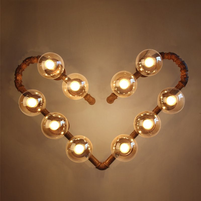 Heart Shape Pipe Metal Wall Sconce Industrial 10 Bulbs Restaurant Wall Mounted Lamp in Rust with Ball Clear Glass Shade