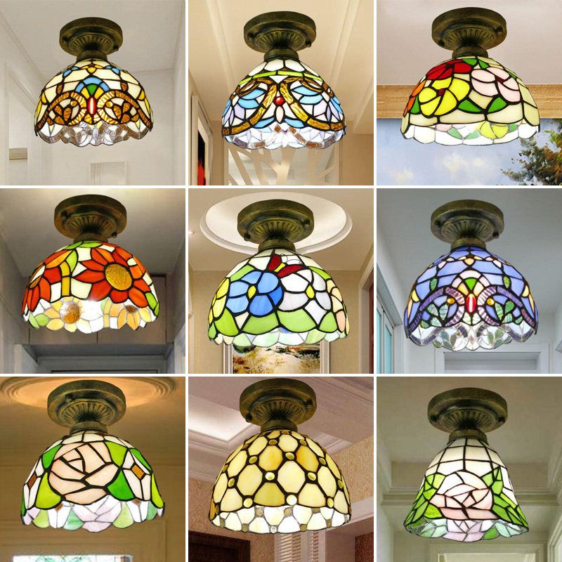 Plafonnier en forme de dôme, 1 ampoule, vitrail, luminaire semi-encastré vintage pour couloir