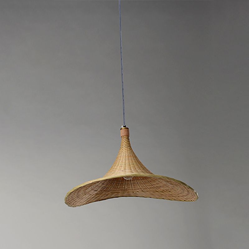 Bambú de colgante de colección de forma de sombrero contemporáneo 16 "/19.5" W 1 Lámpara colgante de interior de luz en beige