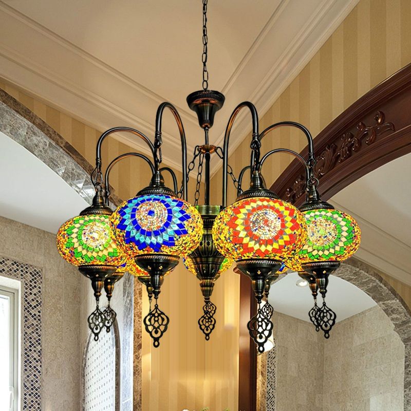9 Heads Oval Ceiling Pendant Light Vintage Yellow/Green Hand Cut Glass Chandelier Lighting