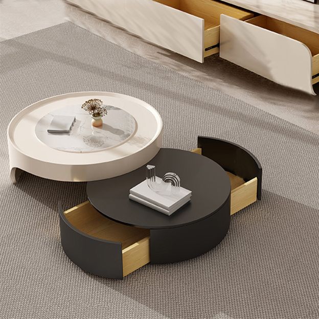 Modern 2 Nesting Coffee Table Set Round Slate Cocktail Table with 2 Drawers