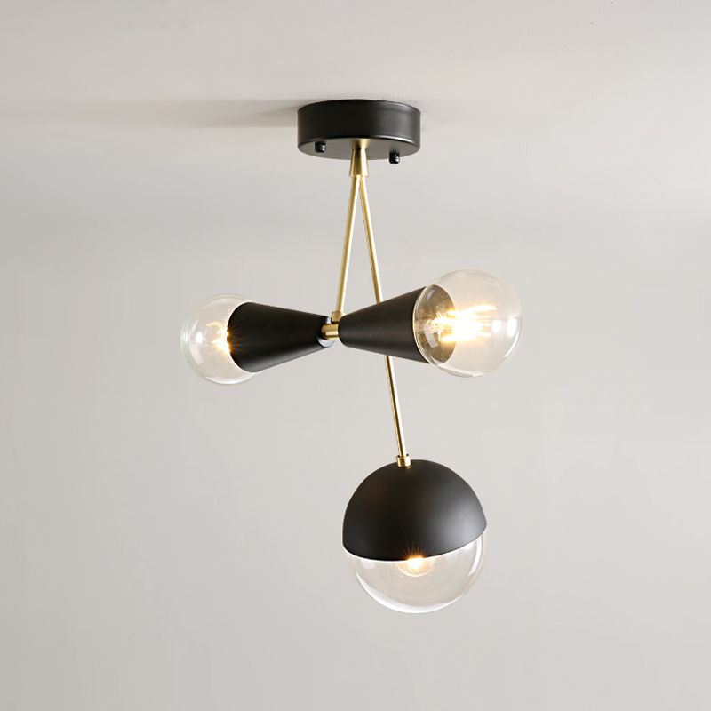 Black Ball and Hourglass Semi Flush Mount Contemporary 3 Bulbs Clear Glass Close to Ceiling Light
