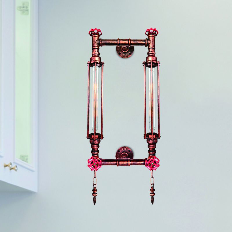 Metal Rectangle Frame Wall Lighting Antiqued 2 Lights Hallway Wall Lamp Sconce in Black/Copper with Chain