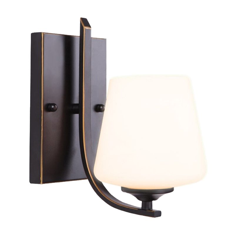 White Glass Black Sconce Lamp Cup-Like Single Bulb Retro Style Wall Mounted Lighting with Rectangle Metal Backplate