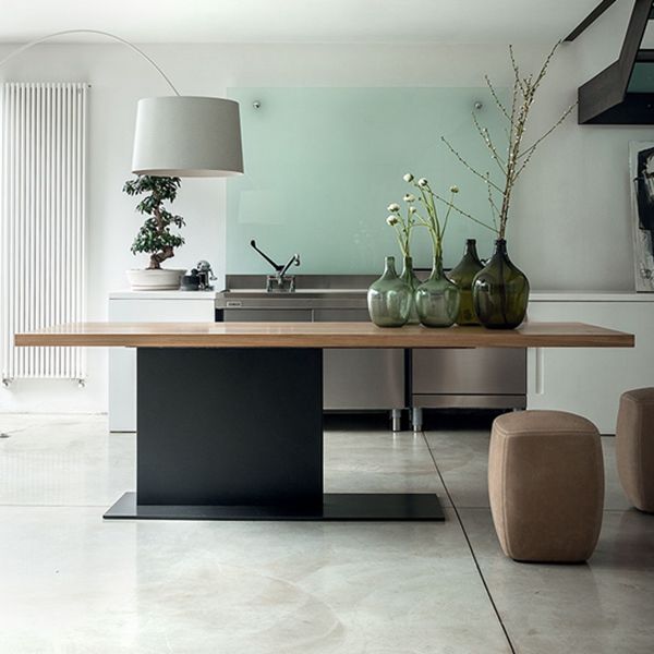 Solid Wood Rectangle Dining Table Modern Kitchen Wood Table with Metal Pedestal