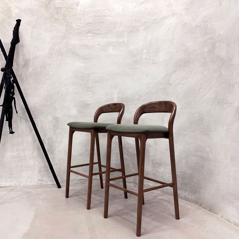 Brown Ash Wood Counter Stools Industrial Green Velvet Stools