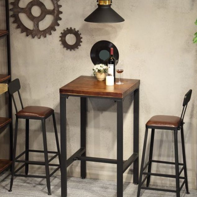 Industrial 1/3/4/5 Pieces Bar Table Set Square Pine Wood Counter Table with Stools