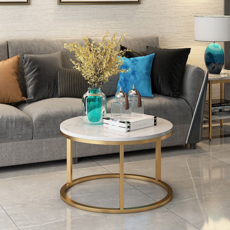 Glam Round Nesting Coffee Table with Marble Top and Metal Base