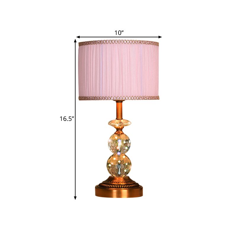 1 Bulb Pleated Fabric Night Stand Lamp Traditional Pink and White/Pink/Coffee Cylinder/Tapered Parlor Table Light with Faceted Crystal Orbs