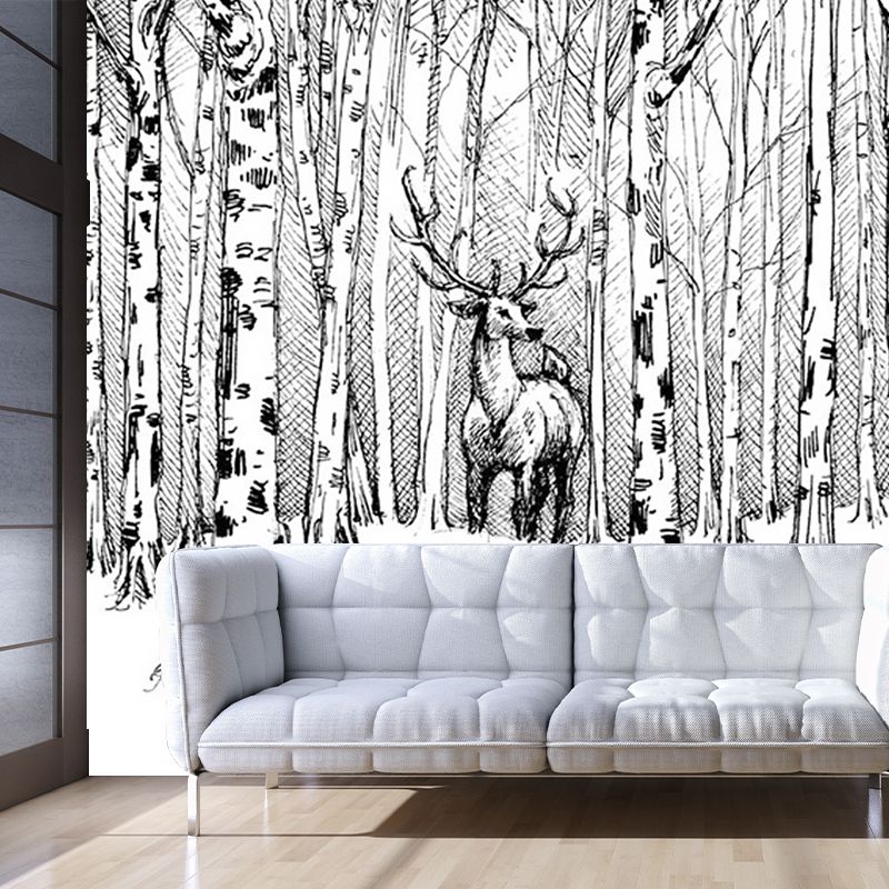 Black-White Modern Art Mural Full Size Deer in Bare Trees Patterned Wall Decor for Home