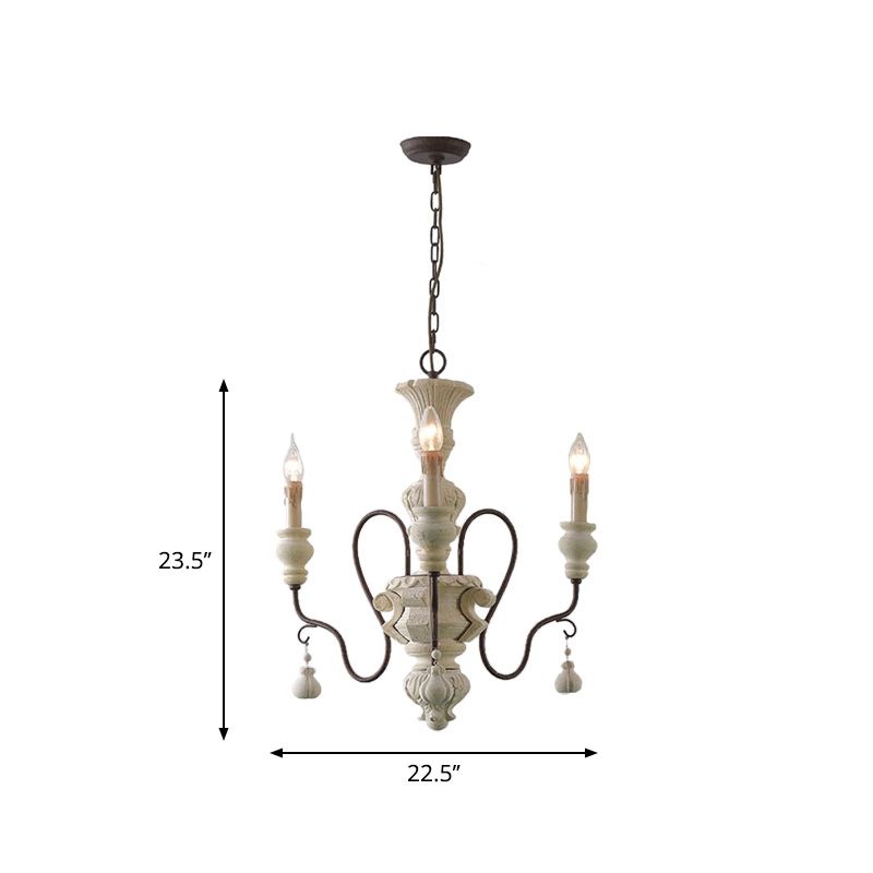 Iron White Drop Pendant Curved Arm Traditional Style Wood Hanging Chandelier for Dining Room