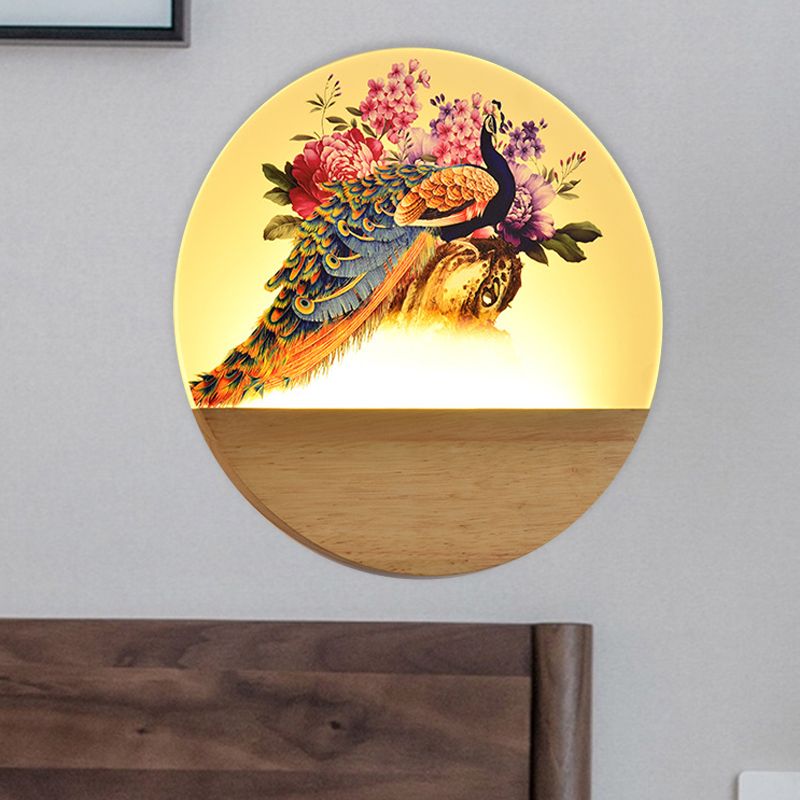 Circular Peacock/Blossoms Wall Mural Lamp Asia Style Acrylic LED Wood Wall Mount Light Fixture for Bedroom