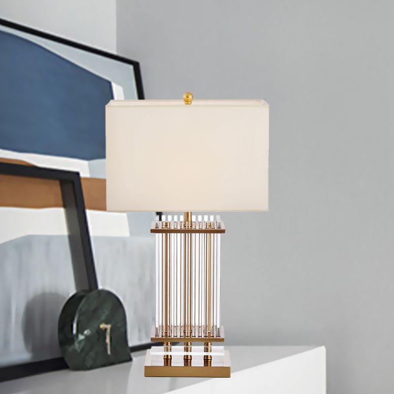 Weißer Stoff Rechteck Nachttisch Licht minimalist 1 helle goldene Schreibtischlampe mit klaren Glasstangen