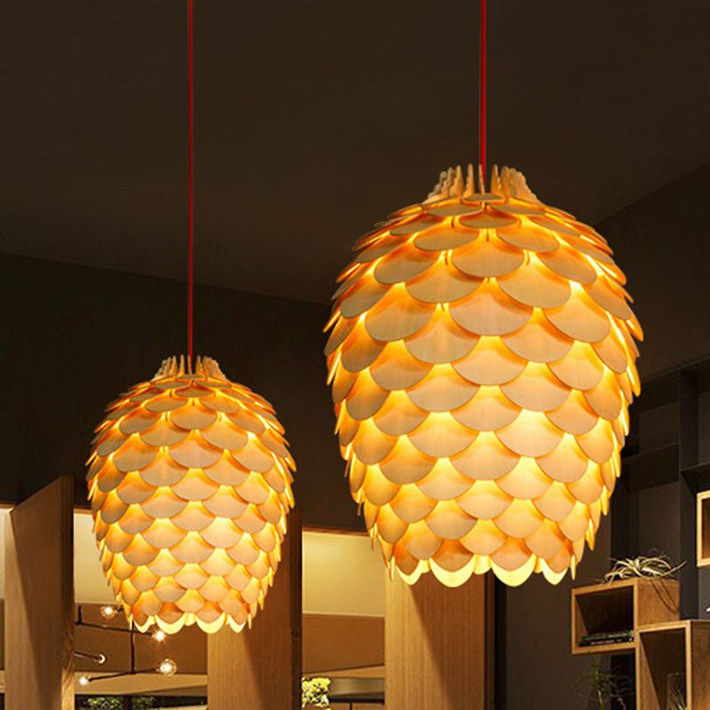 Hölzerne Kiefernkegel Hängende Leuchte Landschaft 12 "/15" W 1 Leicht Beige Suspension Licht für Esszimmer
