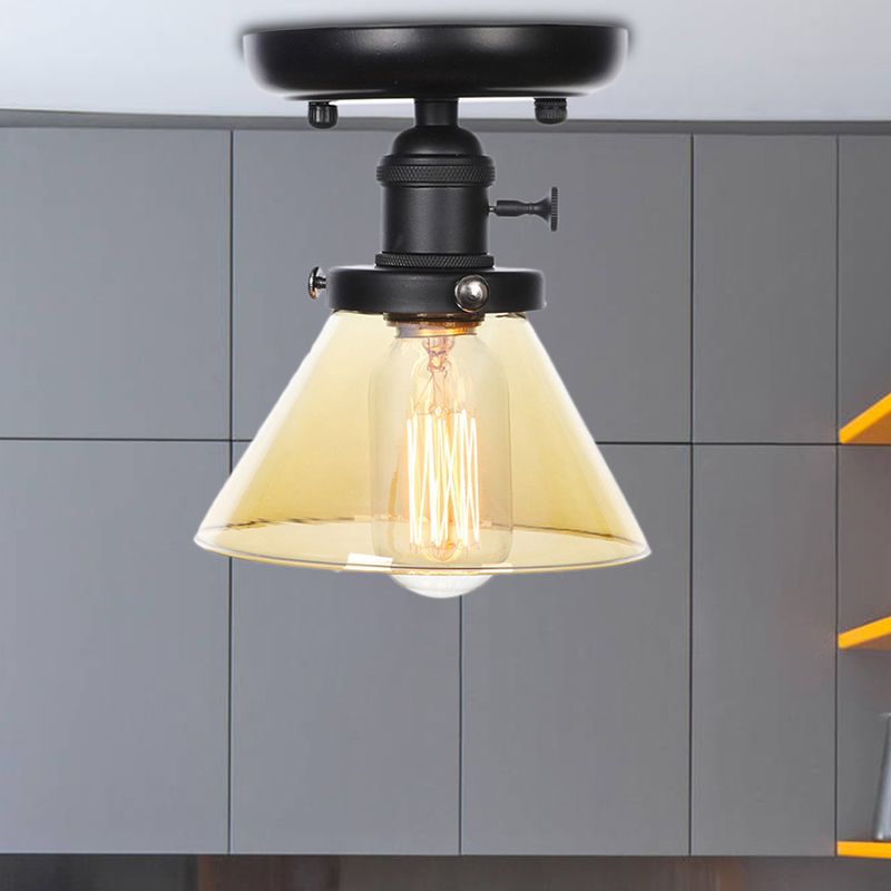 1 Bulb Semi Flush Mount Clear/Amber Glass Industrial Cone/Rhombus/Bell Ceiling Light for Kitchen