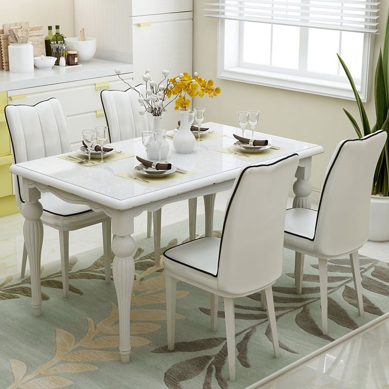 Modern White Rectangular Glass Top Dining Table with Solid Wood Legs