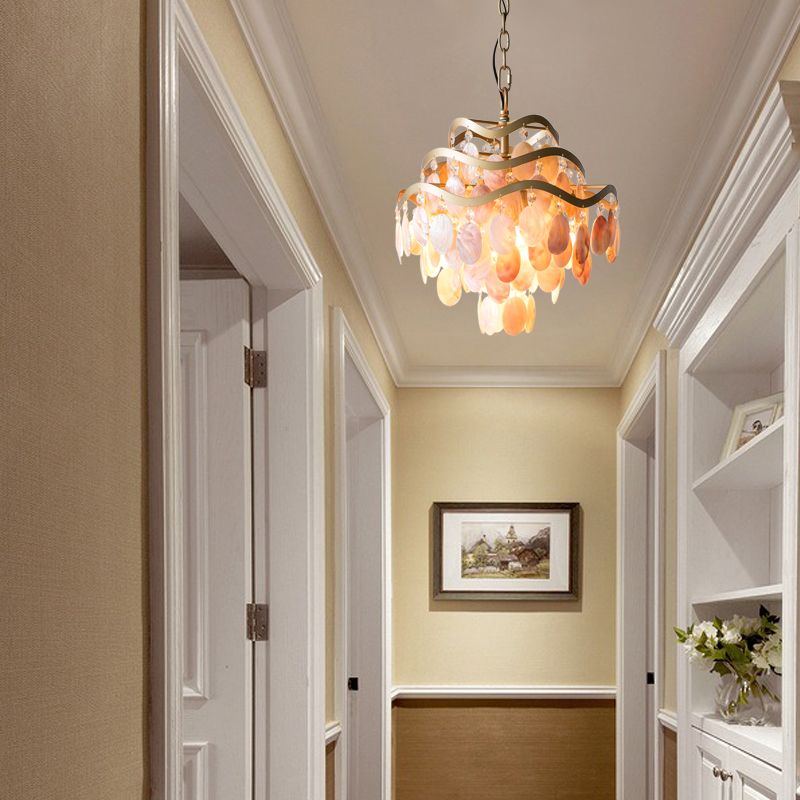 Modern Fountain Chandelier Lamp Shell 4 Heads Ceiling Pendant Light in Beige for Living Room