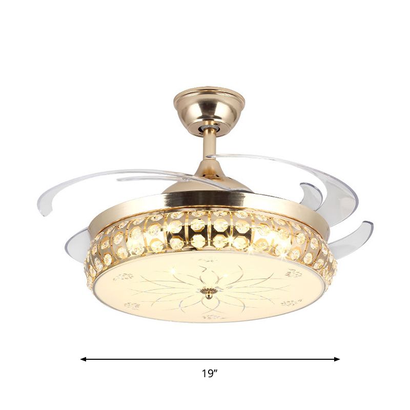 19 "W Drum Semi Mount Lighting Einfache schräg KristalllED Gold Anhänger Lüfter Licht mit Lotusmuster, 4-Blade