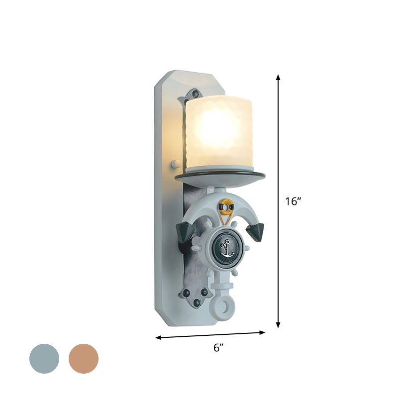 Anchor Arm Wall Lamp Kids Resin 1/2-Bulb Brown/Blue Wall Mount Light Fixture with Cylinder Opal Glass Shade