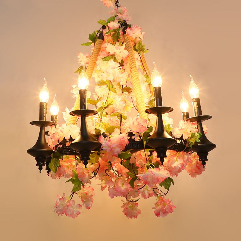 Metal Candle Chandelier Light Fixture Antique 6 Heads Restaurant LED Pendant Lamp in Pink with Cherry Blossom