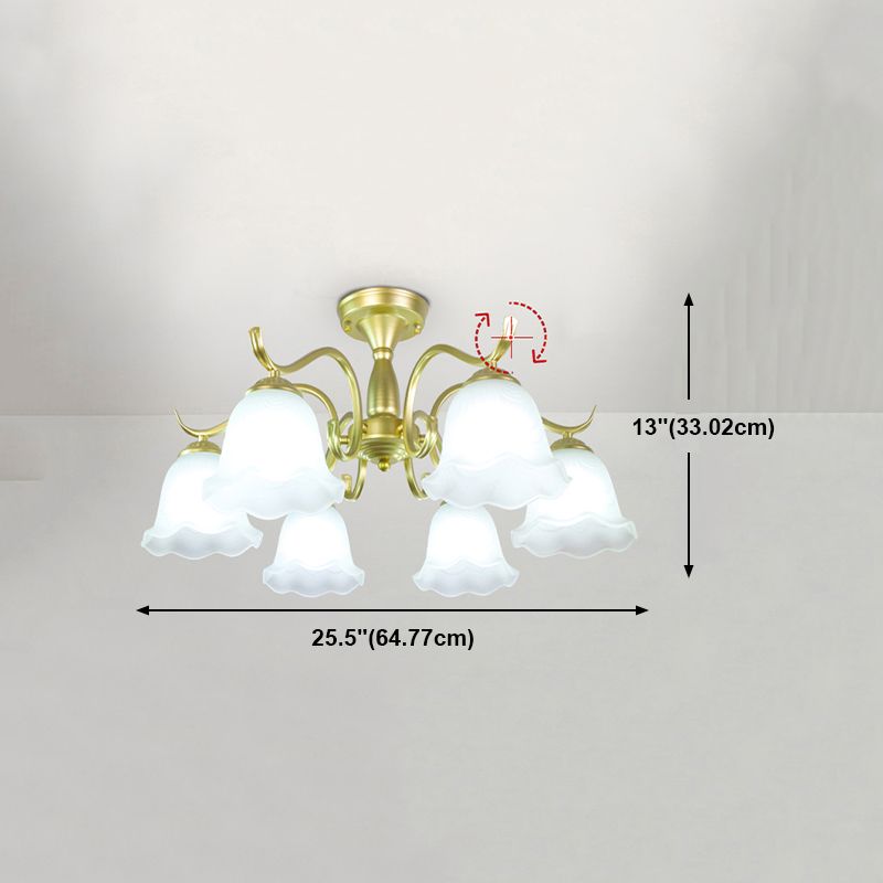 Gold Semi Flush Lamp Traditional Multi-Head Bedroom Ceiling Lighting with Glass Shade