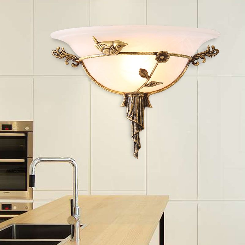 1 Bulb Wide Flare Wall Lamp Tradition White/Yellow Glass Sconce Light Fixture with Flower Deco toward Left/Right