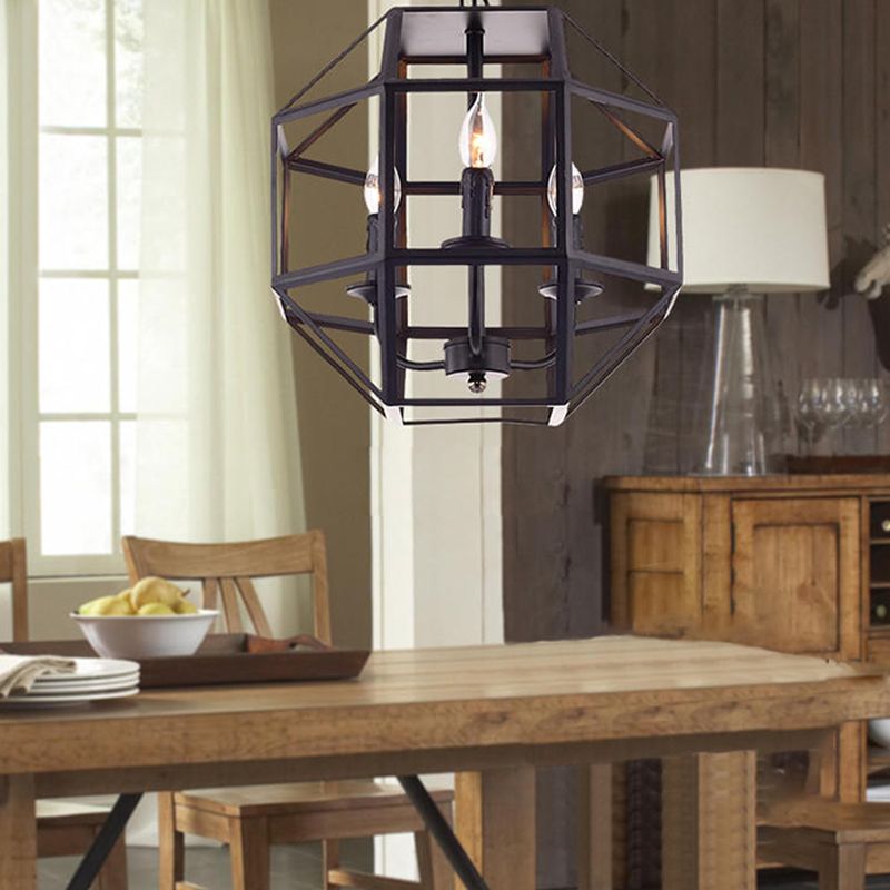 Metal Geometric Hanging Chandelier Traditional 3 Lights Living Room Pendant Light in Black with/without Shade