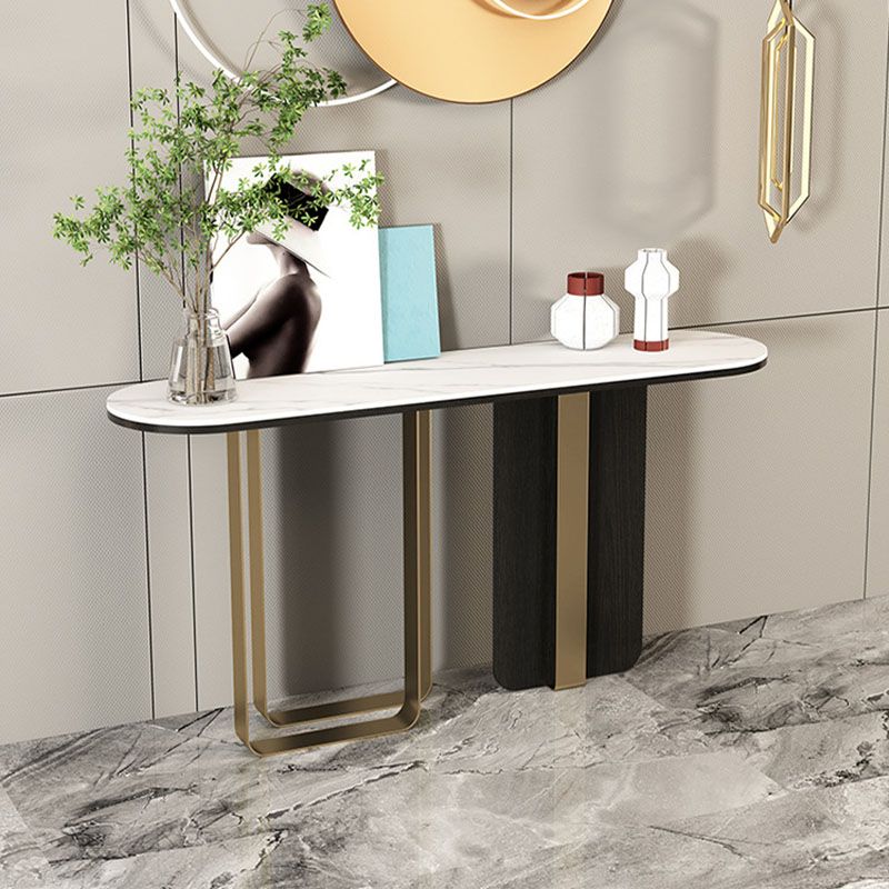 Glam Metal Console Sofa Table Oval Stone Console Accent Table for Hall