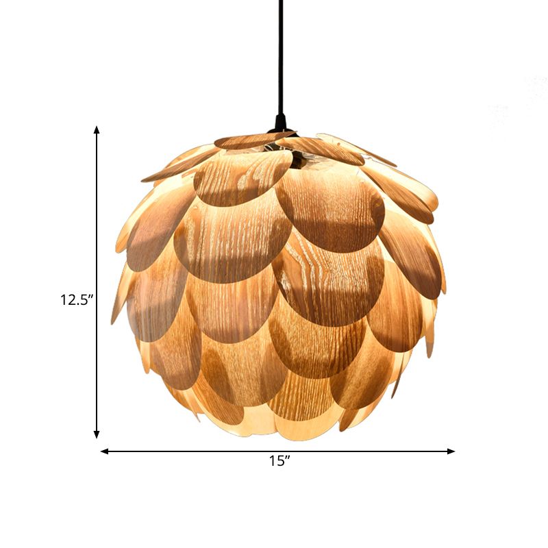 Beige Pinecone Pendant Light Fixture Asian 1 Light Wooden Hanging Lamp for Guest Room