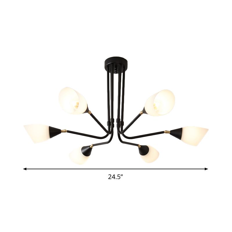 Modernism 4/6/8 Bulbs Ceiling Chandelier Black Flared Hanging Pendant Light with Milky Glass Shade