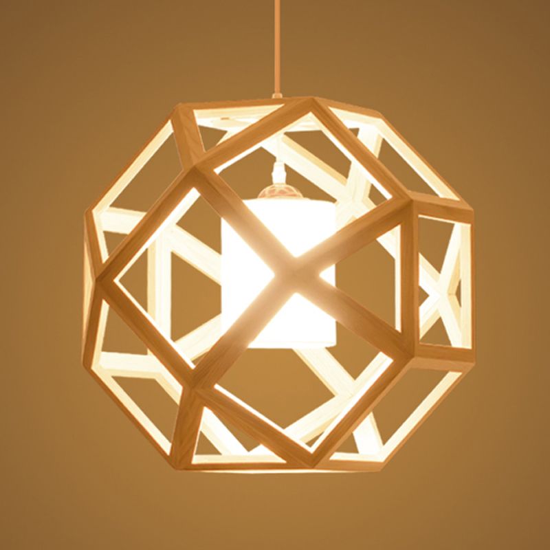 Asia Wood Globe Cage Pendant Lamp Single Bulb Hanging Light in Beige with Fabric Shade Inside