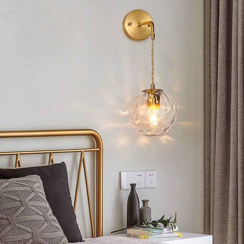 1-Light Bedside Wall Sconce Light Simplicity Brass Wall Light Fixture with Ball Water Glass Shade
