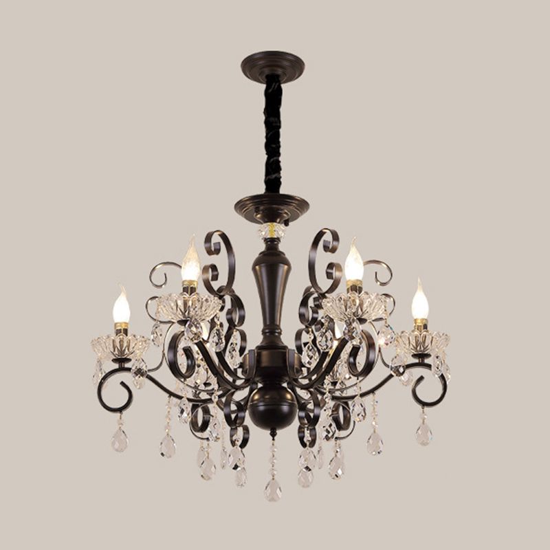 Black American Rustic Style Large Chandelier Vintage Candlestick Design Metal Pendant Light with Crystal Drops