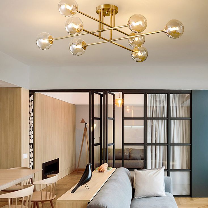 Post-Modern Metal Semi Flush Mount Globe Glass Shade Ceiling Flush Mount in Gold for Bedroom