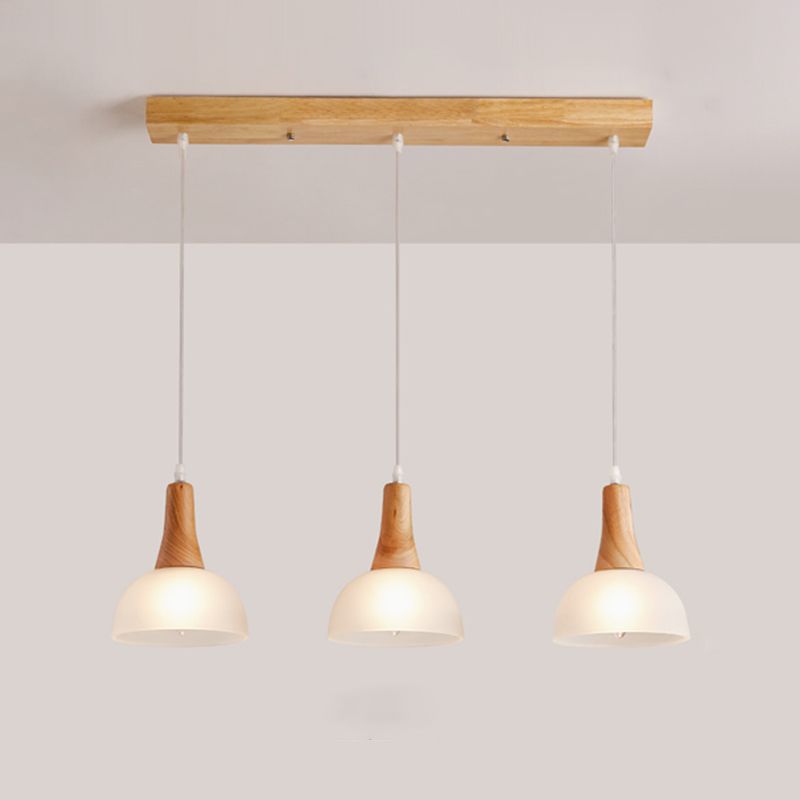 Bell / bol / baril plafond lampe à pendaison nordique en verre ivoire en verre 3-têtes Salle à manger ronde / cluster linéaire cluster en bois en bois