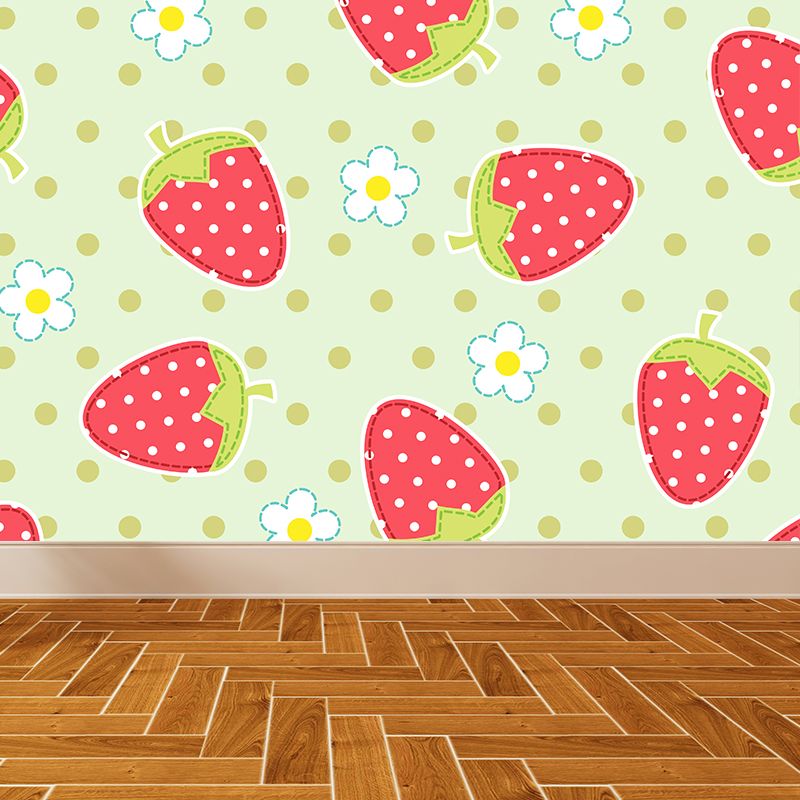 Illustration Strawberries Mural Decal for Living Room, Red, Custom Size Available