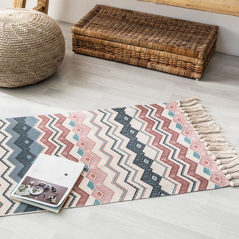 Multicolor Tribal Striped Pattern Rug Cotton Bohemian Rug Washable Non-Slip Pet Friendly Carpet for Living Room