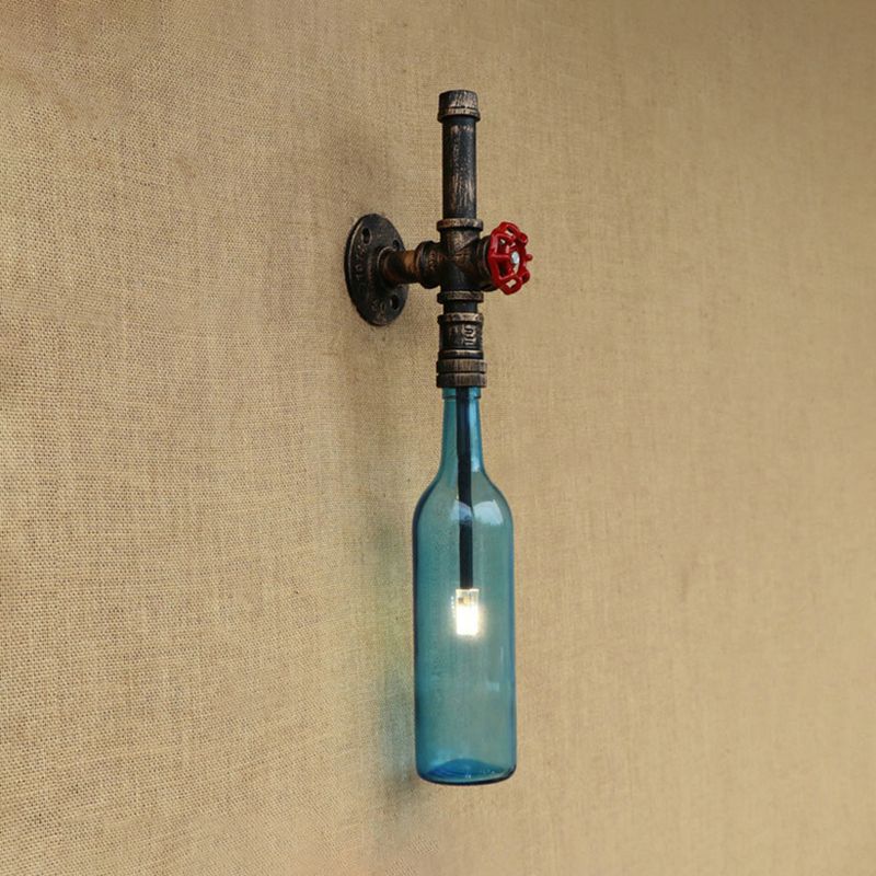 Glass Wine Bottle Wall Lighting Rustic Industrial 1 Light Restaurant Blue/Clear Wall Sconce Light with Red Valve