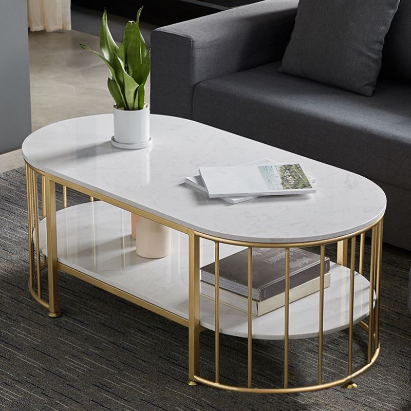 Glam Oval Coffee Table with Marble Top and Storage Shelf and Steel Base