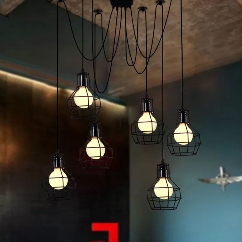 6 Bulbs Spider Pendant Hanging Light with Wire Guard Industrial Style Black/Gold Iron Ceiling Lamp for Dining Room