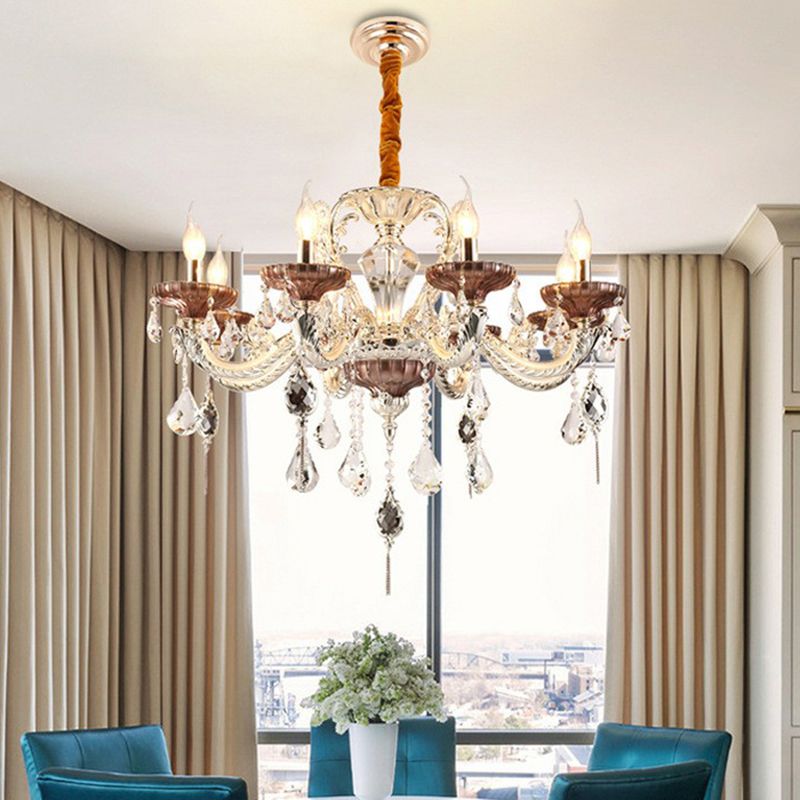 Carved Glass Clear Chandelier Candelabra Traditional Ceiling Hang Lamp with K9 Crystal Accents