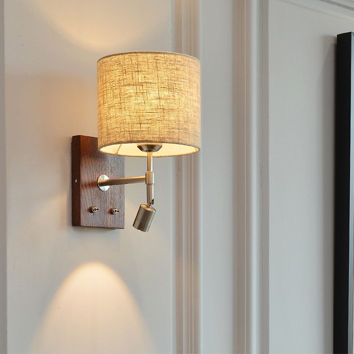 Cylinder Fabric Shade Bedside Reading Wall Light 2-Lights Wooden Simplicity Wall Sconce