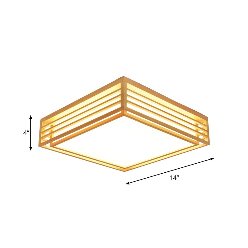 Square Acrylic Flush Ceiling Light Asian Beige LED Flush Mount Light Fixture in Warm/White Light with Wood Frame, 14"/21.5"/25.5" W