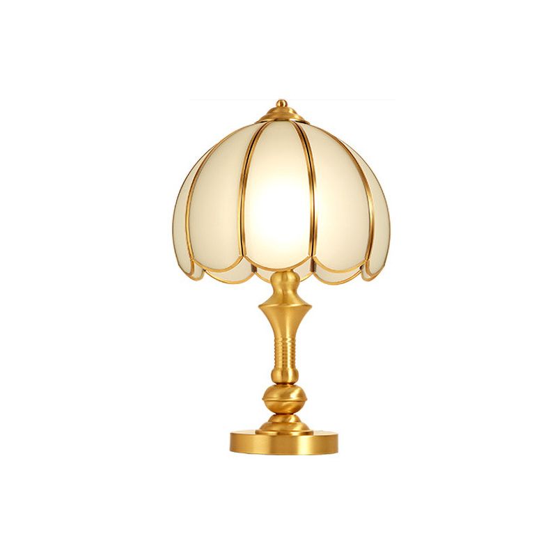 1 Light Night Table Lamp Traditional Bedroom Night Light with Scalloped Dome White Glass Shade in Brass