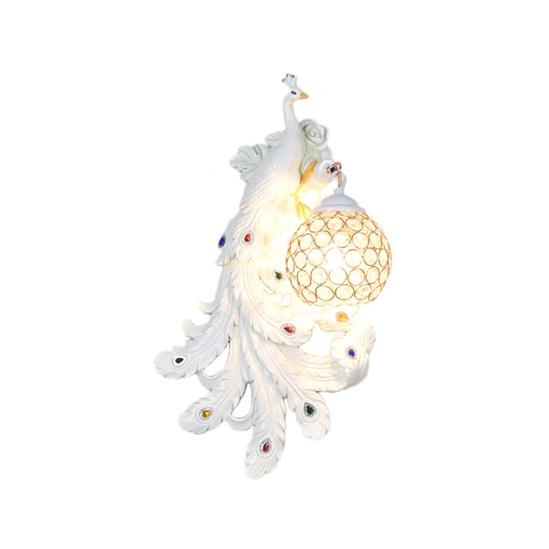 1 Light Blue/Gold Peacock Wall Lamp Country Resin 1/2-Pack Sconce Lighting with Crystal Globe Shade, Double/Right/Left