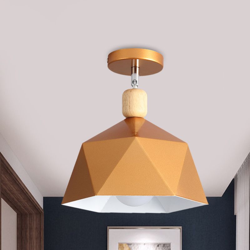 Pivot Shade Faceted Dome Flush Light Macaron Metal Single Apartment Semi Flush Mount Ceiling Fixture in Pink/Gold-Wood
