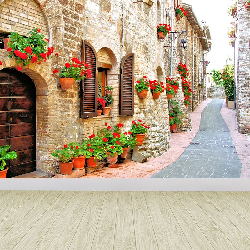 Modern Flowers and Building Mural Non-Woven Stain Resistant Red Wall Art for Living Room