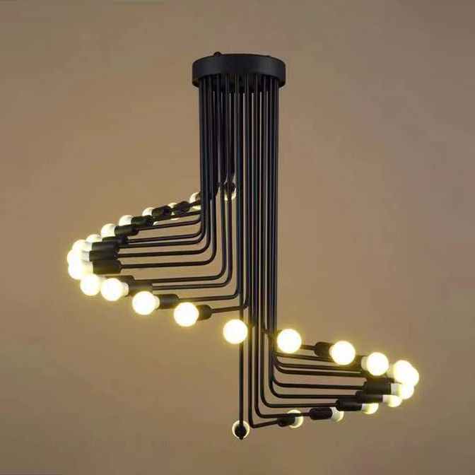 Estilo espiral Industrial Luz de araña de hierro forjado Diseño de bombilla abierta Lámpara colgante en negro