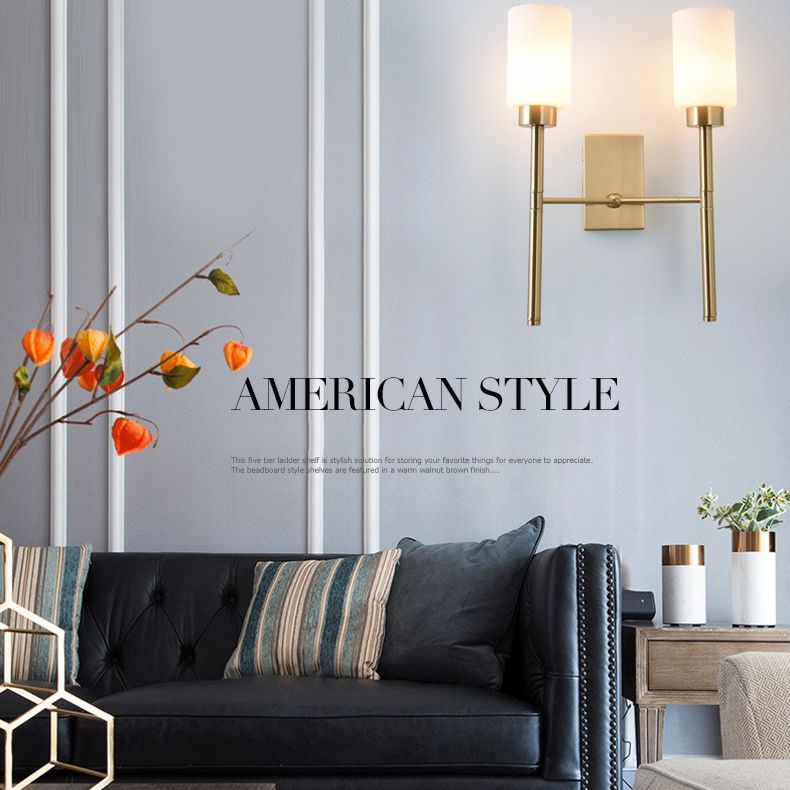 Contemporary Sconce Lights Brass Arm Wall Light for Hotel Bedroom in White Glass Shade