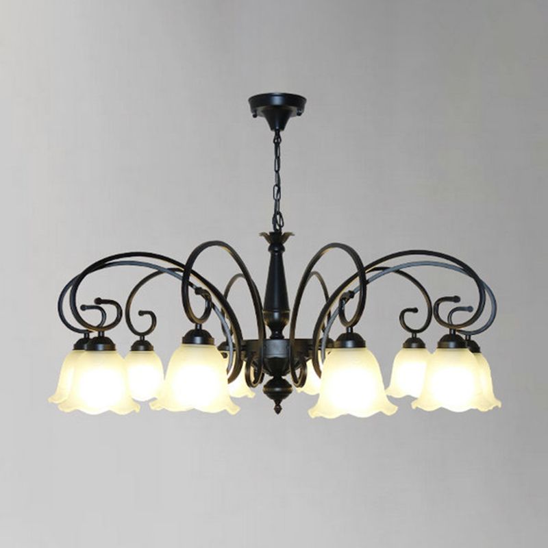 Ruffle Glass Floral Shade Chandelier Pendant Light Vintage Dining Room Hanging Light in Black